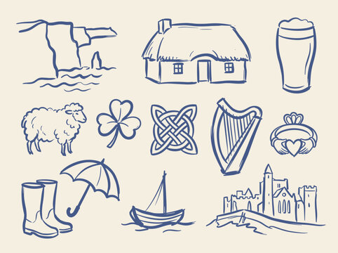 Hand drawn Irish culture icons set, blue ink sketch of Ireland symbols including shamrock and harp, rustic celtic heritage vector illustrations
