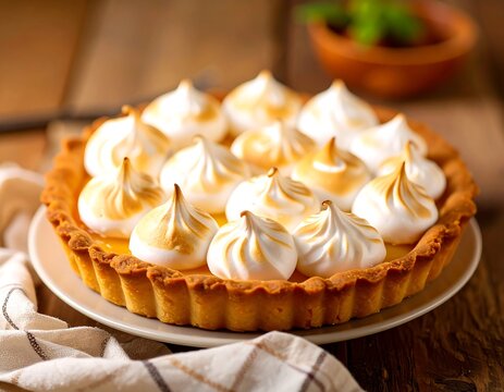 Close-up of a sweet, golden tart filled with lemon curd and topped with perfectly browned meringue swirls