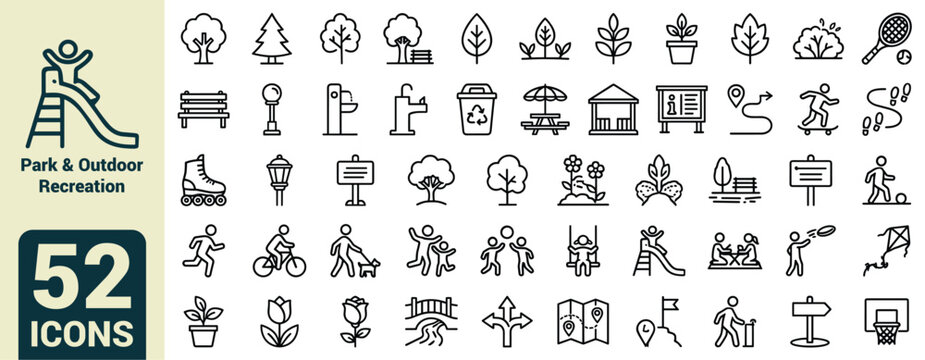 Park and Outdoor Recreation Line Icon Set with Trees, Benches, Playground, Hiking, Sports, Activities, Maps, and Nature Elements for UI Design and Map Vector Illustrations