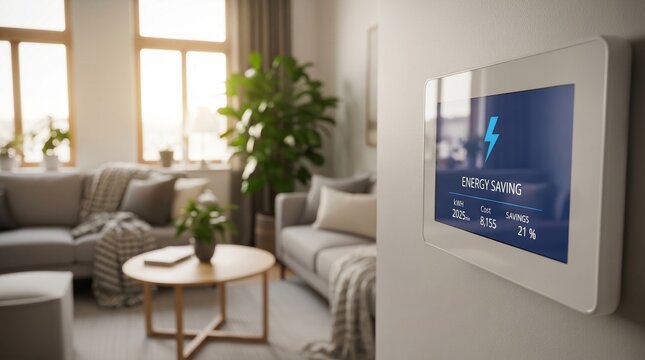 Modern smart home energy monitor wall panel showing electricity consumption metrics in residential living room background with soft morning window light and blurry couch furniture.
