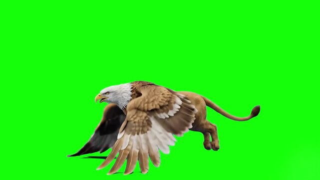 A majestic 3D animated griffin with a lion's body and an eagle's head flaps its wings while flying against a solid green screen backdrop. Perfect for chroma key compositing in fantasy films, historica