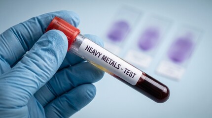 Fototapeta premium Gloved hand holding vacutainer for heavy metals blood testing over blurred background of microscopic samples for clinical diagnosis and environmental exposure screening in clinic.