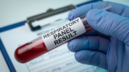 Fototapeta premium Healthcare worker holding respiratory panel result blood sample tube over medical clipboard for diagnostic assessment in clinical environment during patient health examination.