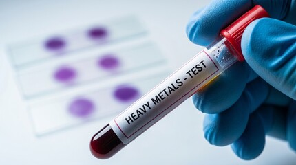 Obraz premium Scientist wearing blue gloves holds blood sample tube labeled heavy metals test in modern healthcare facility for toxicology screening and patient diagnosis research applications.