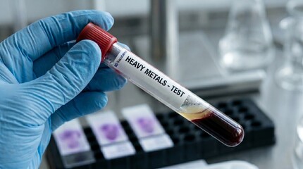 Fototapeta premium Medical professional in blue protective gloves holding blood test tube for heavy metals analysis in clinical laboratory setting with microscopic slides and equipment in background.