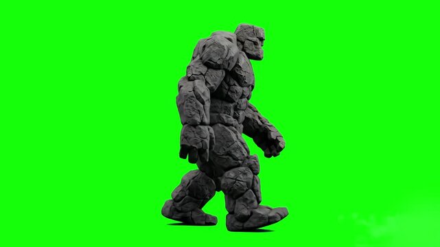 A massive elemental stone giant or rock monster walking forward in a side profile view. This 3D animated creature is rendered on a keyable green screen background for seamless integration into fantasy