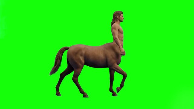 A 3D animated half-man, half-horse centaur walking forward in a side profile view. This mythological fantasy creature asset is isolated on a keyable green screen for cinematic VFX and game design.