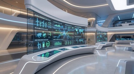 Obraz premium Futuristic Command Center with Large Interactive Glass Screen Displaying Green Energy Data and Smart City Analytics in Modern High-Tech Office