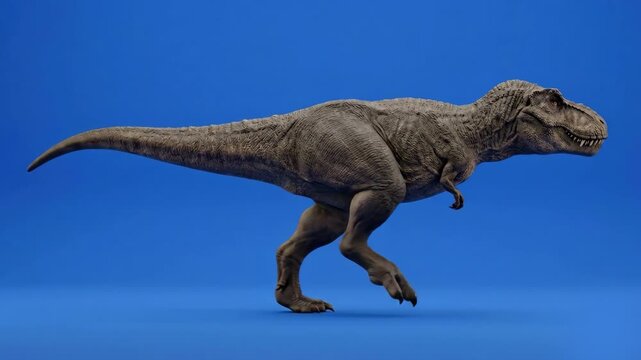 A powerful 3D animated Tyrannosaurus Rex runs dynamically against a solid blue backdrop. This pre-keyed prehistoric creature asset is perfect for chroma key compositing in movies, documentaries, and e