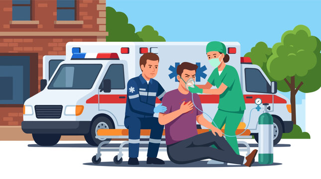 Vector illustration of paramedics providing emergency first aid to a young man experiencing chest pain and heart distress in front of an ambulance with an oxygen mask and stretcher.