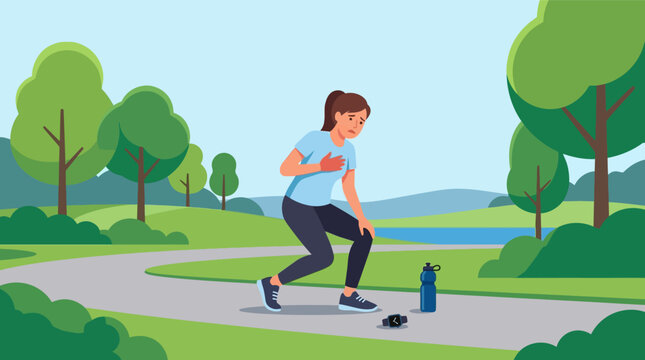 Vector Illustration of a Young Female Athlete Clutching Her Chest in Pain While Jogging on a Park Path, Depicting Symptoms of a Heart Attack, Angina, or Overexertion During Exercise.