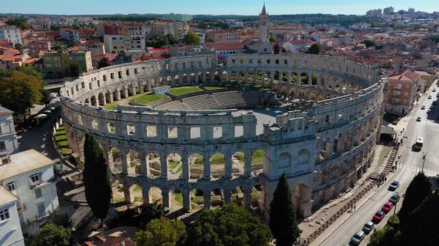Aerial view of the ancient pula arena amphitheater in croatia