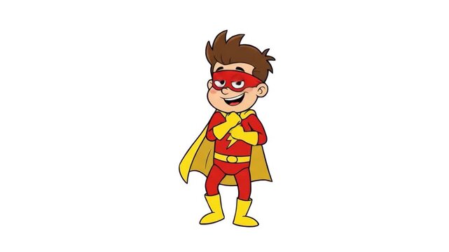 A 2D animated loop of a young boy superhero in a red costume dancing happily against a clean white background. This flat vector illustration asset is perfect for minimalist motion design, web developm