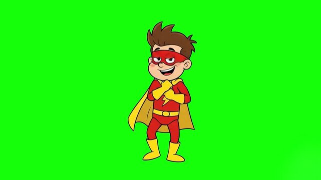 A 2D vector style animation of a young boy superhero in a red and yellow costume dancing with joy. This fun character asset is isolated on a keyable green screen for children's content, games, and pro
