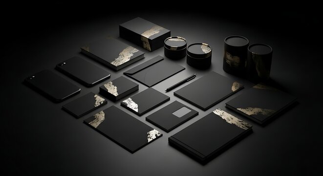 Branding materials consist of black paper goods and containers decorated with gold textures to create a cohesive and luxurious identity for high-end retail products and corporate marketing needs.