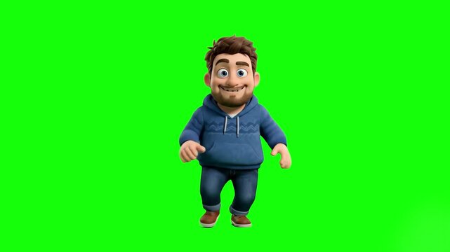 A friendly 3D animated male character with a beard dancing and smiling happily. The seamless animation loop is isolated on a chroma key green screen for commercial video projects, social media, and ex