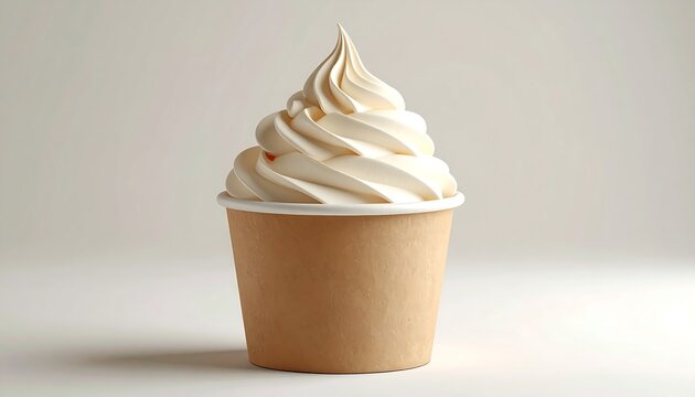 Close-up of a swirl of creamy, white frozen dessert elegantly displayed in a brown paper cup against a plain backdrop