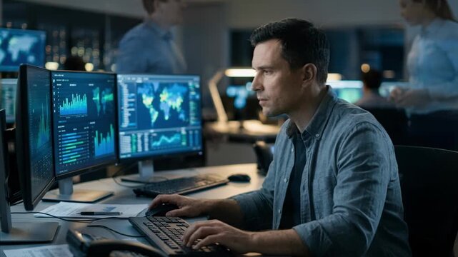 Medium shot of a focused analyst in a control room environment highlighting AI automated claim prioritization screens with a shallow depth of field obscuring the busy backdrop.