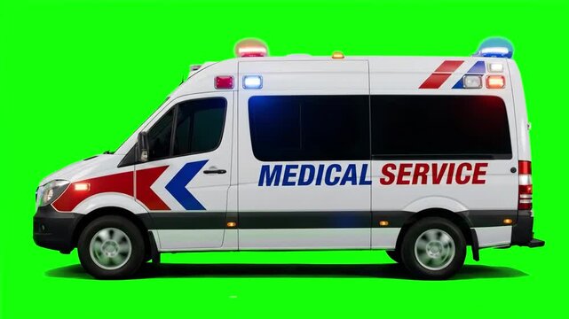A side profile view of a realistic emergency medical service ambulance truck driving forward with flashing lights. This detailed 3D vehicle asset features red and blue stripes and "MEDICAL SERVICE" te