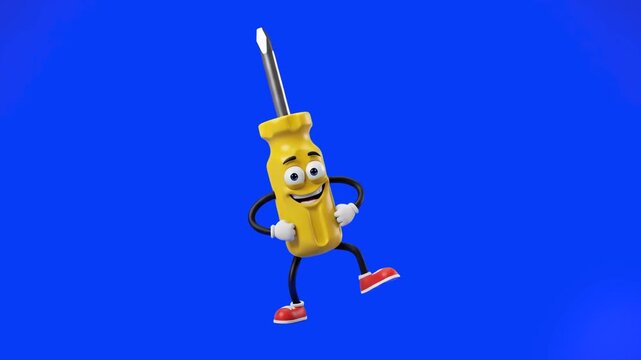 A funny 3D animated screwdriver character with a bright yellow handle, big expressive eyes, and a wide smile performing an energetic dance. This cheerful construction mascot asset is isolated on a sol
