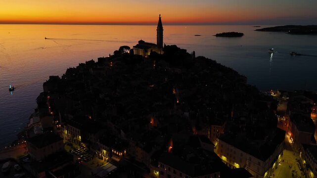 Romantic rovinj old town aerial view at sunset