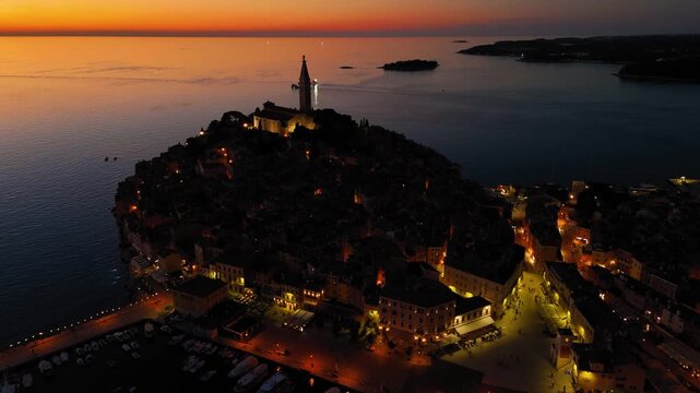 Aerial view of rovinj old town at sunset in croatia