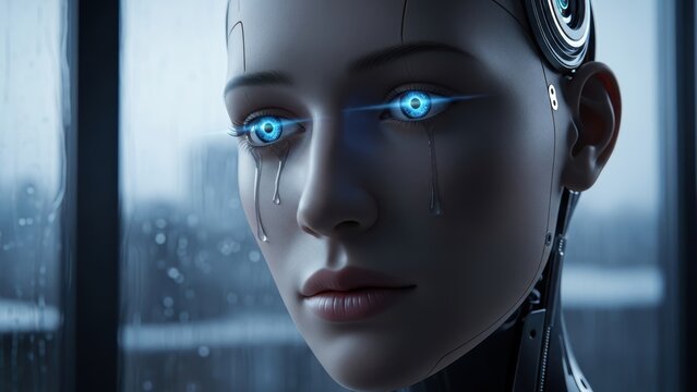 Portrait of a beautiful female android crying.