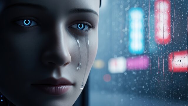 Crying android looking out a rain-streaked window.