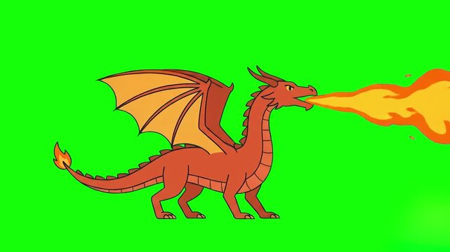 A classic 2D animated red dragon stands in profile and breathes a stream of bright orange fire against a solid green screen. This loopable cartoon monster asset is ideal for children's animations, gam