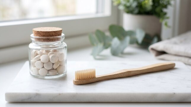 Eco-Friendly Zero Waste Dental Care Set with Bamboo Toothbrush and Toothpaste Tablets on Marble Tray