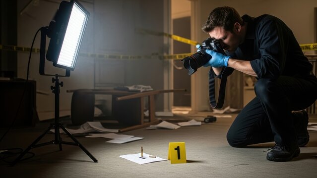 Forensic photographer taking pictures of evidence at a crime scene.