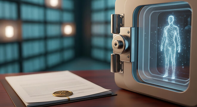 Futuristic Secure Medical Data Vault with Human Hologram and Legal Document Representing Healthcare Privacy Patient Records Security and HIPAA
