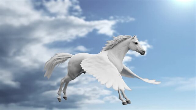 A beautiful white pegasus horse with large wings glides gracefully through a bright blue sky filled with soft white clouds. This cinematic 3D animation is perfect for fantasy storytelling, dream seque