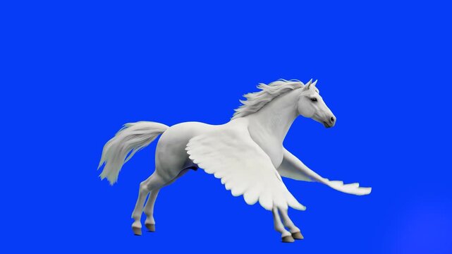 A white winged pegasus horse galloping and flying through the air in a continuous loop. This 3D animated fantasy creature asset is designed for chroma key compositing and video editing.