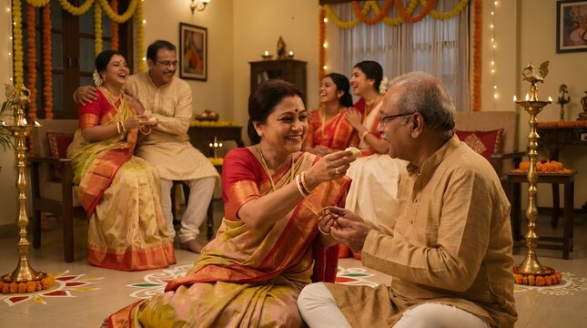 Traditional Bengali Family Celebrating Bijoya Durga Puja Festival