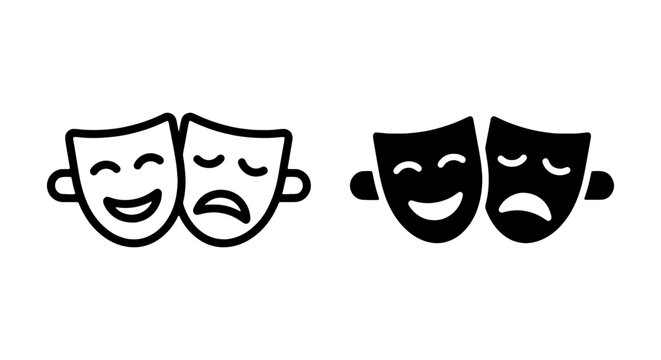 Comedy Tragedy Masks Vector Icons, Theater Performance Symbols, Emotion Faces, Dramatic Art