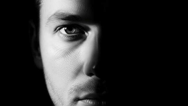 Black and white portrait with one half of a man's face in shadow.