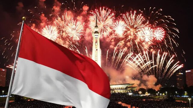 Indonesian Flag Waving with Fireworks over Jakarta Monas at Night