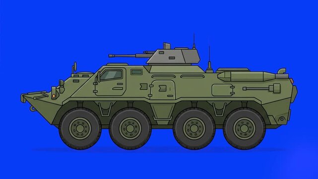 A side profile of a green wheeled armored personnel carrier driving forward. The animated transport asset features a 2D vector art style optimized for game design and chroma key video production.
