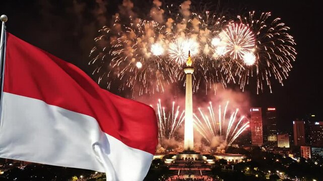 Indonesian Flag Waving with Fireworks over Monas Jakarta at Night