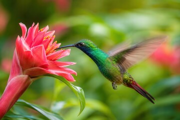 Obraz premium Hummingbird hovering near vibrant pink flower in lush garden 