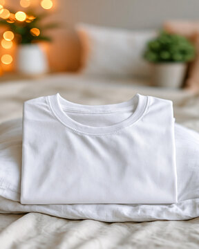 Folded Blank White T-Shirt Mockup on Neutral Linen Bedding