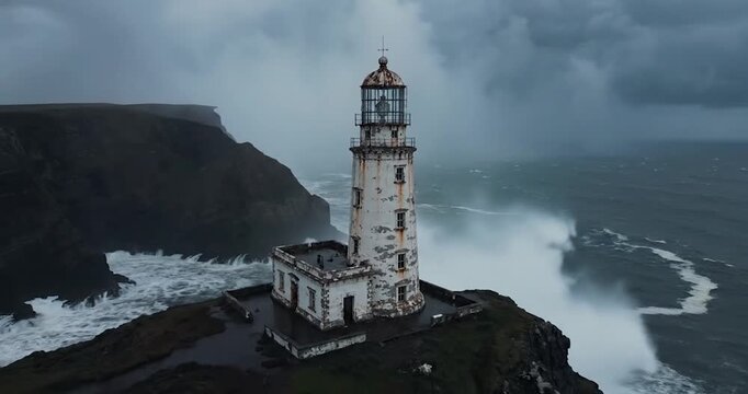 Aerial view of an old lighthouse tower during a stormy ocean gale