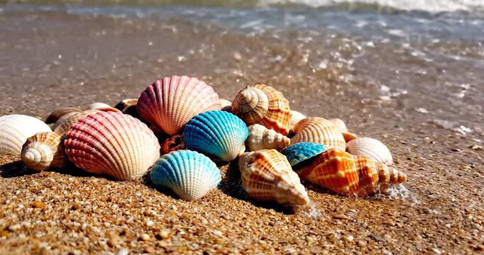 Colorful Seashells Resting on Tropical Beach Sand with Gentle Sea Waves