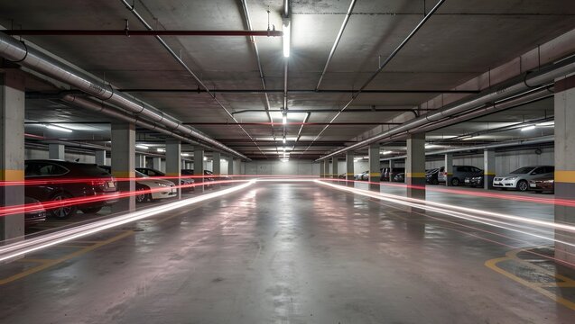 Underground parking garage with light trails