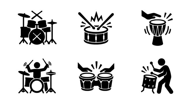 Drum Set Icons, Percussion Instruments, Musician Performance, Rhythm Beat Vector Graphics