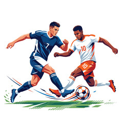 Fototapeta premium Dynamic Football Players Dribbling and Challenging for Ball Vector Illustration