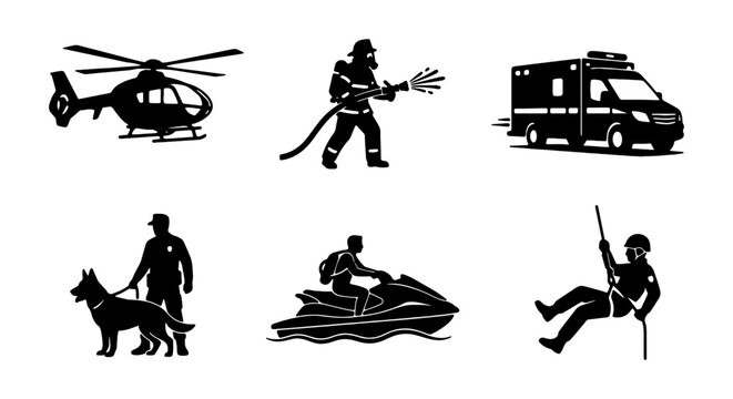 Emergency Services Icons: Helicopter, Firefighter, Ambulance, K9 Unit, Jet Ski, Rescuer