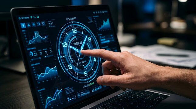 Human hand interacting with a sleek laptop screen, featuring a futuristic blue dashboard displaying real-time data, and a dynamic clock for advanced data analysis and technological insights