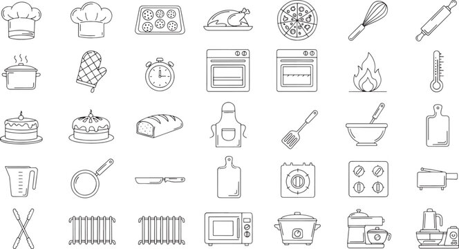 Collection of black and white kitchen utensils and appliances line kitchen utensils cooking tools chef hat